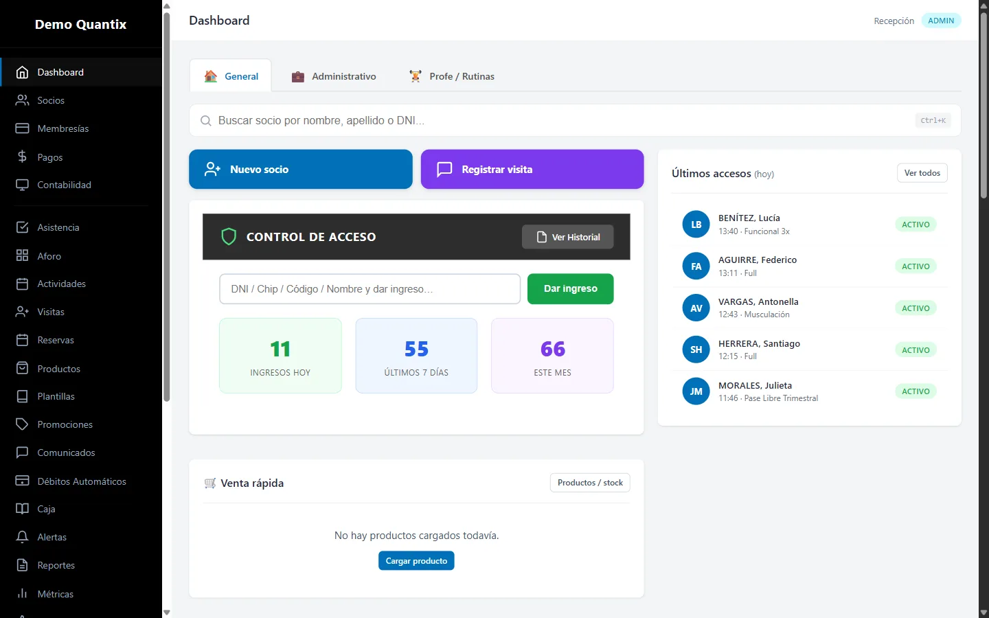 Dashboard del software para gimnasios: control de acceso, ingresos de hoy y últimos accesos