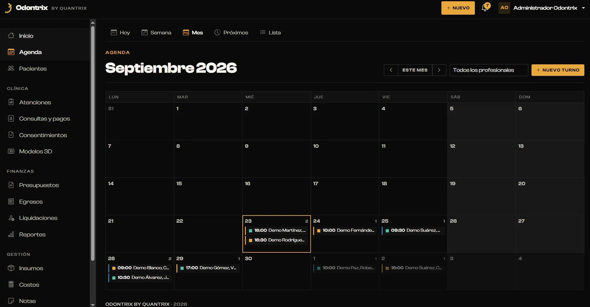 Agenda mensual del consultorio con los turnos de cada día y el filtro por profesional